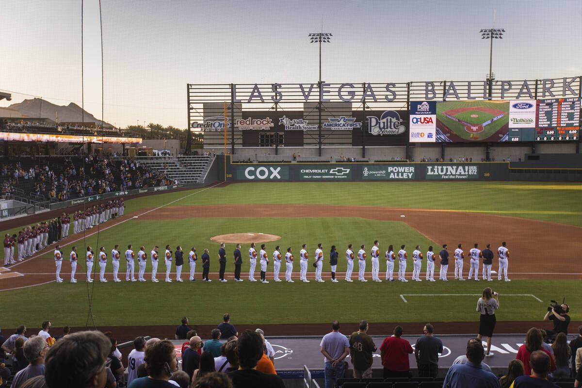 The national anthem is played before the start of a Triple-A baseball game between the Las Vega ...