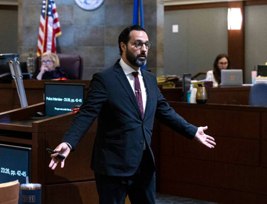 Prosecutor Jacob Villani delivers his closing argument during Wendell Melton’s murder trial a ...