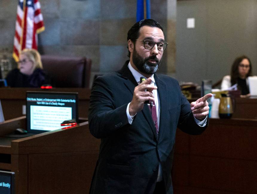 Prosecutor Jacob Villani delivers his closing argument during Wendell Melton’s murder trial a ...