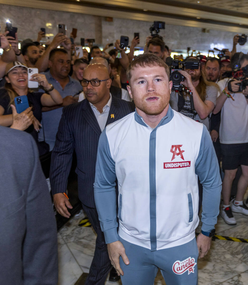 Canelo Alvarez readies to take the stage during boxing Grand Arrivals at the MGM Grand on Tuesd ...