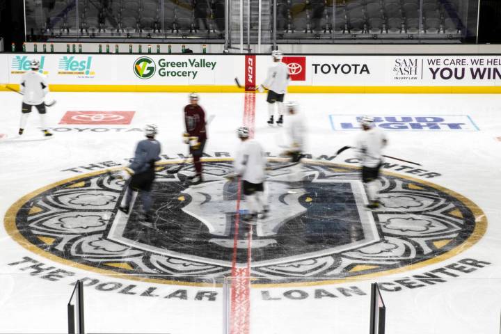 Henderson Silver Knights players practice on Monday, March 28, 2022, in Henderson. (Bizuayehu T ...