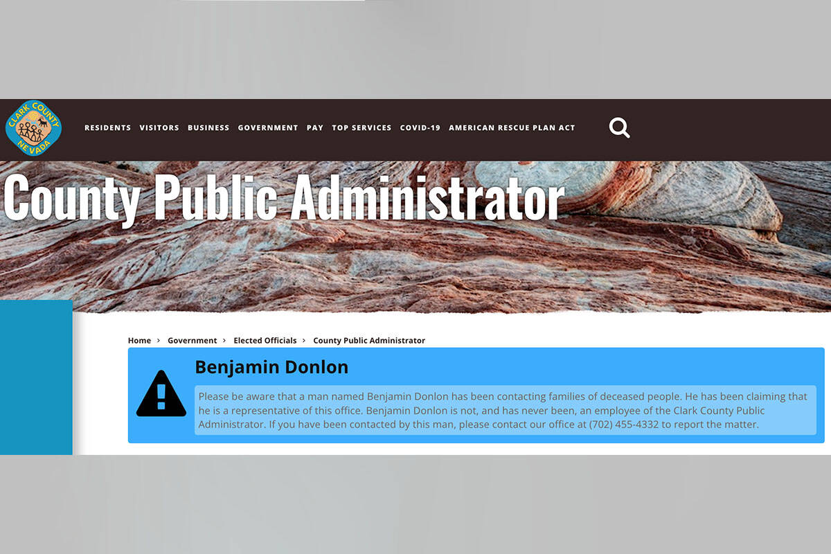 This screenshot from the Clark County Public Administrator website shows a warning about Benjam ...