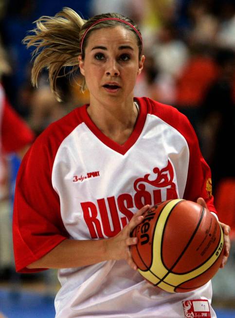 South Dakota native and Russia's guard Becky Hammon warms up with her team ahead of a basketbal ...