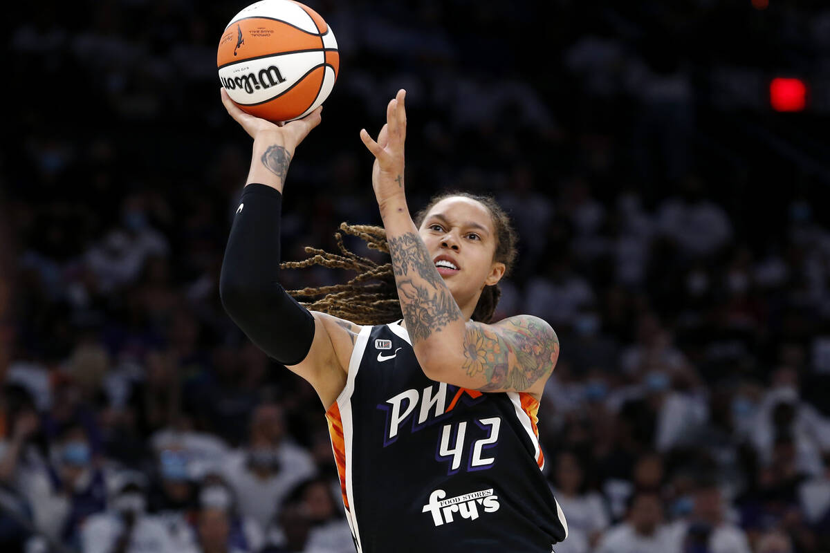 FILE - Phoenix Mercury center Brittney Griner (42) shoots during the first half of Game 1 of th ...