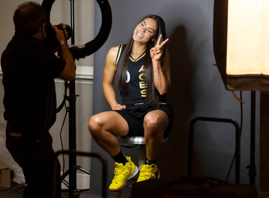 Las Vegas Aces guard Kelsey Plum (10) during media day at Michelob ULTRA Arena on Monday, May 2 ...