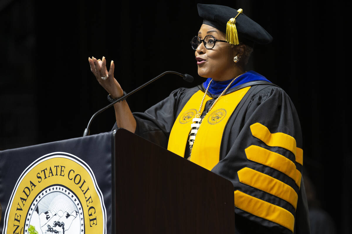 Dr. DeRionne Pollard, president of Nevada State College, speaks during commencement at Dollar L ...