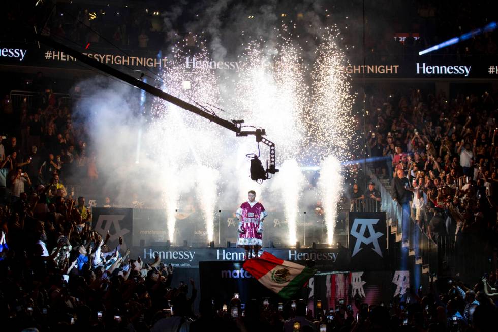Saul “Canelo” Alvarez during his grand entrance to the ring for the WBA super lig ...