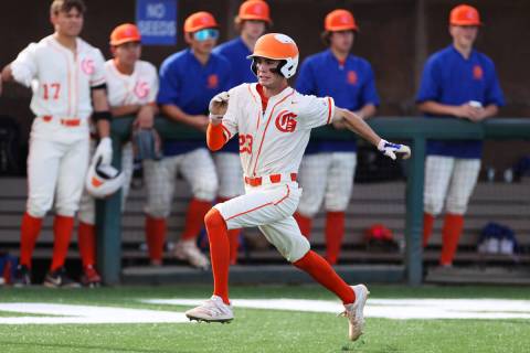 Bishop Gorman’s Tommy Rose (23) runs home for a run against Liberty during a baseball ga ...