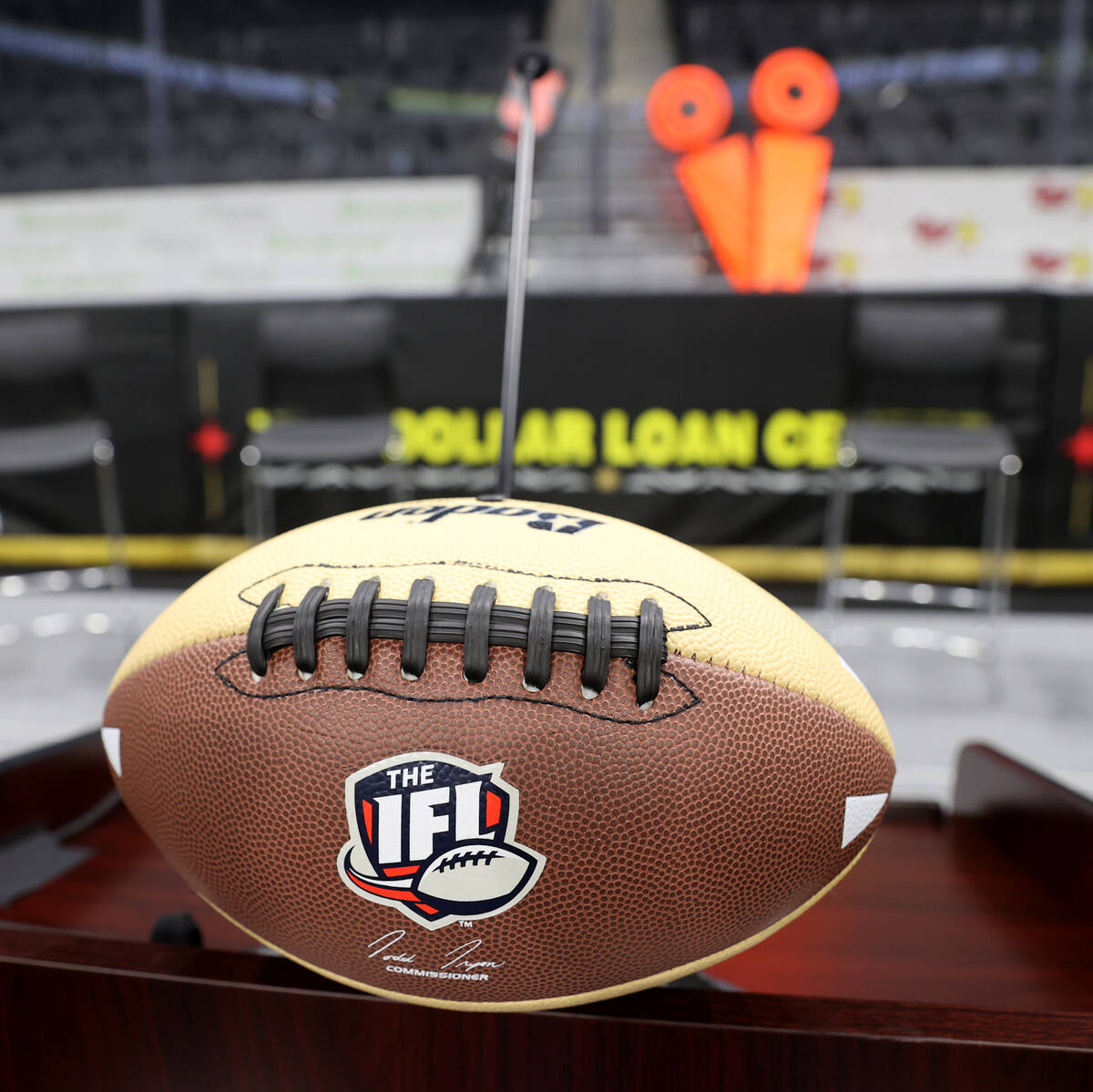 An IFL football on the podium during an announcement at The Dollar Loan Center in Henderson Mon ...