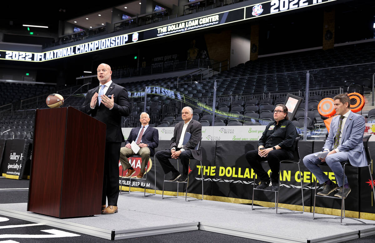 Indoor Football League Commissioner Todd Tryon speaks during an announcement at The Dollar Loan ...