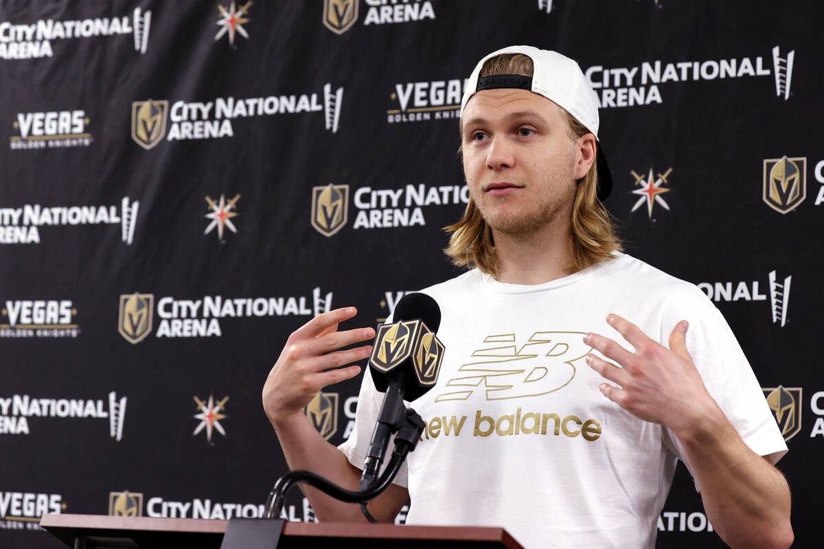 In this May 3, 2022, file photo, Vegas Golden Knights forward William Karlsson talks about the ...