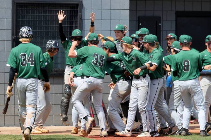 Palo Verde players celebrate a run against Faith Lutheran in the 4th inning in their Class 5A S ...