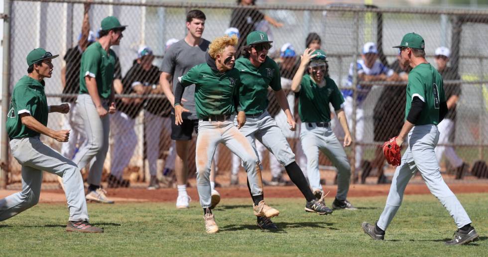 Palo Verde players celebrate a third out against Faith Lutheran in the 6th inning in their Clas ...