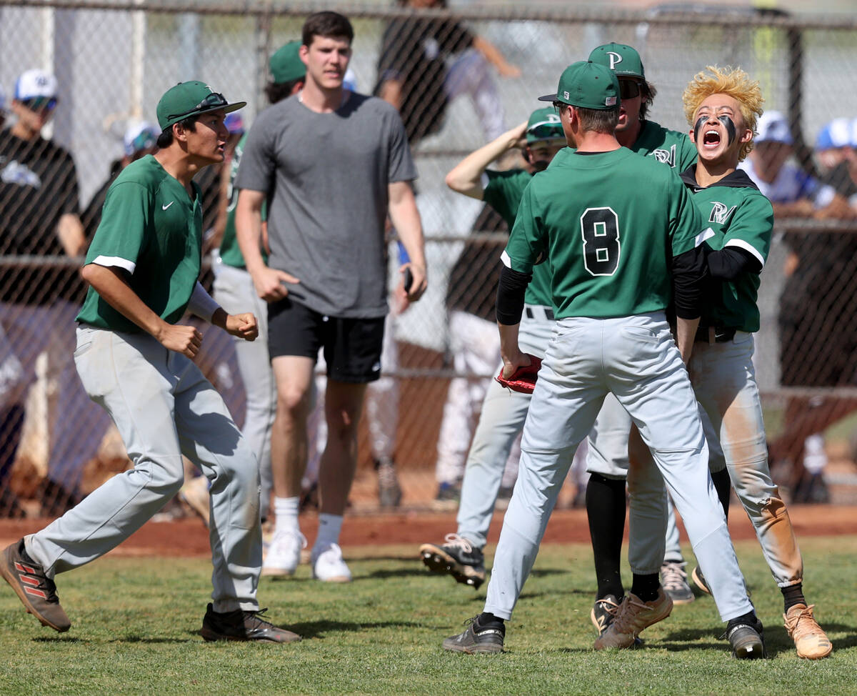 Palo Verde players celebrate a third out against Faith Lutheran in the 6th inning in their Clas ...