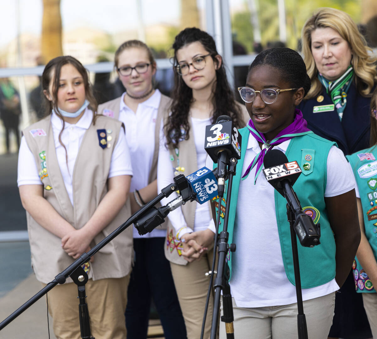 Aliyah, 10, of Girl Scout Troop 294, talks about the recovery of the statue “In Grace” whic ...