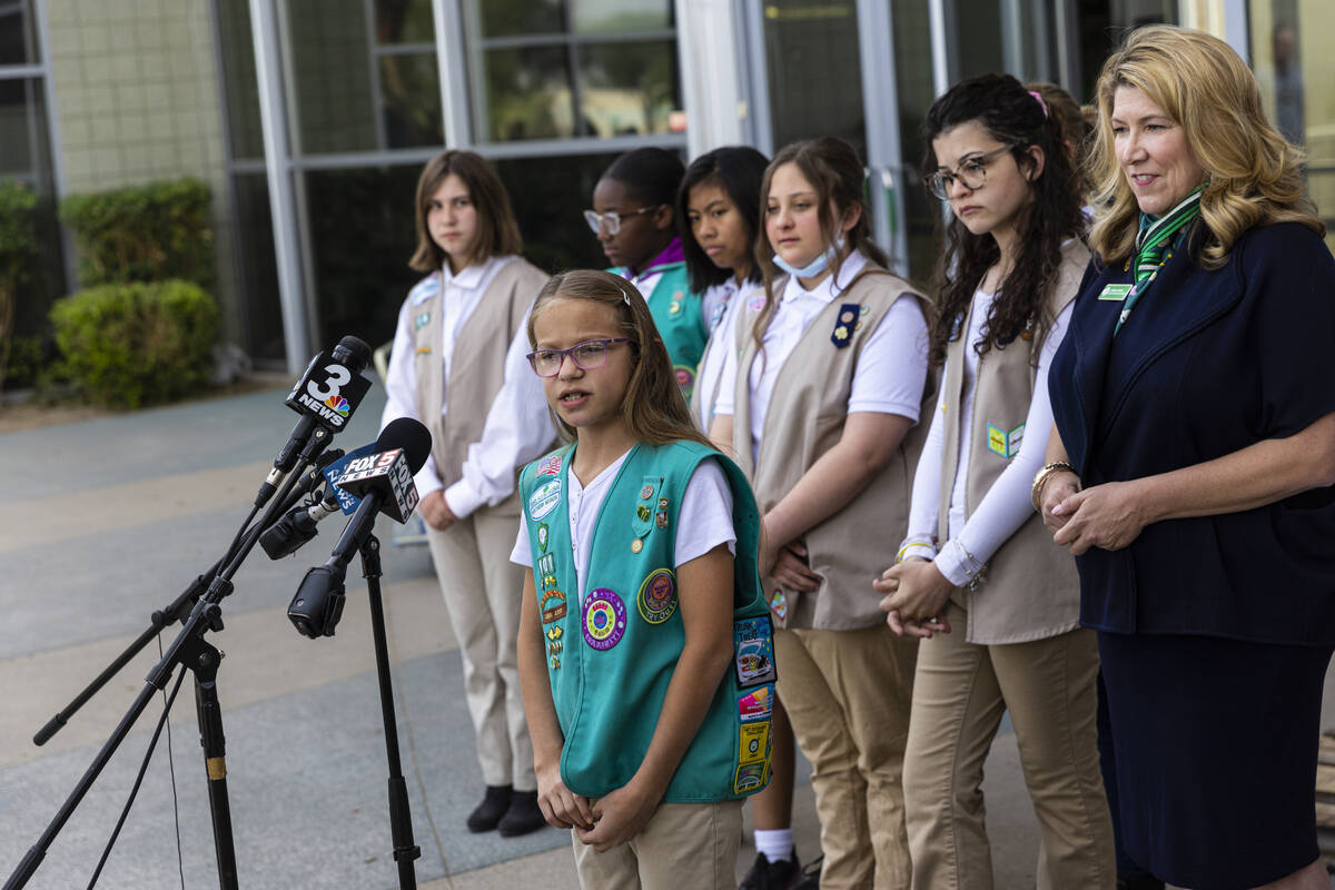 MarrissaAnn of Girl Scout Troop 601, talks about the recovery of the statue “In Grace&#x ...