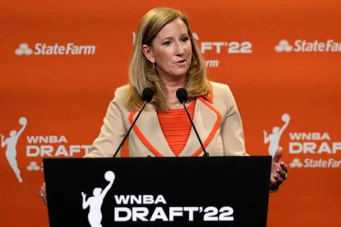 WNBA Commissioner Cathy Engelbert speaks before the WNBA basketball draft, Monday, April 11, 20 ...