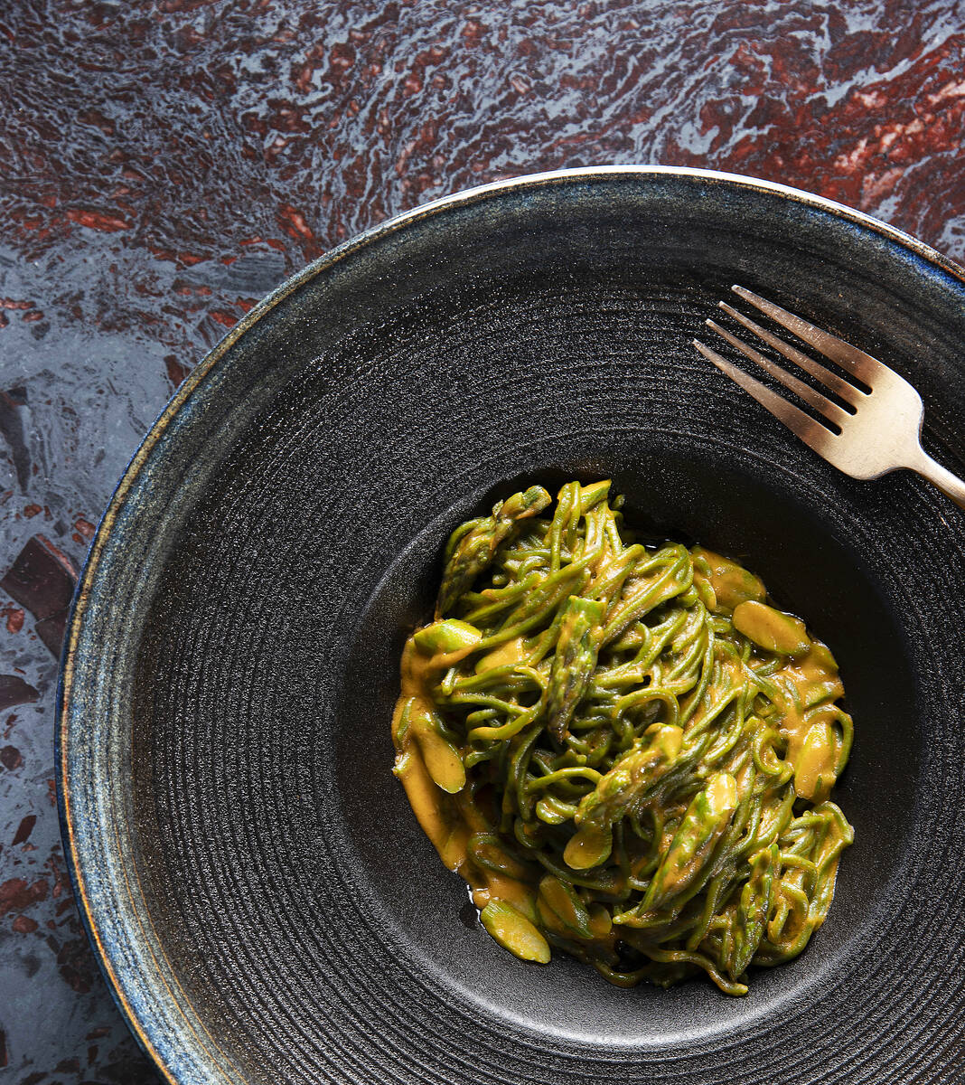 Spinach tagliarini tossed with Calabrian-style pesto sauce at Anima by Edo on Tuesday, May 3, 2 ...