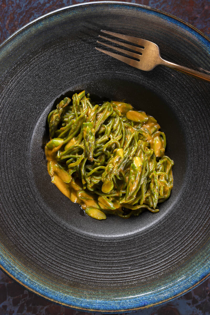 Spinach tagliarini tossed with Calabrian-style pesto sauce at Anima by Edo on Tuesday, May 3, 2 ...