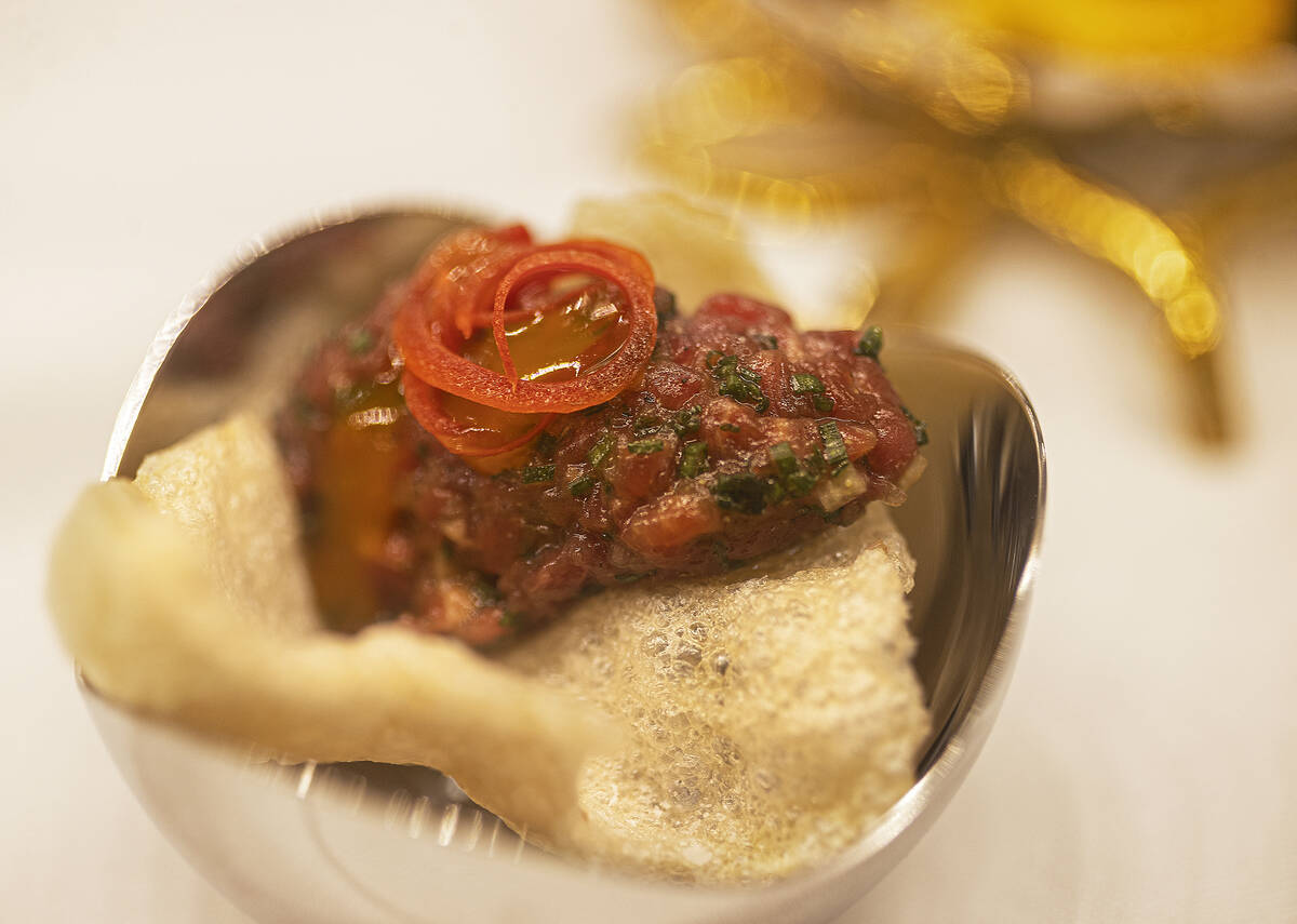 Dry aged Mishima beef tartare with hen egg puree at Le Cirque on Wednesday, Oct. 27, 2021, at B ...