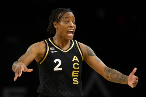 Las Vegas Aces guard Riquna Williams (2) celebrates after scoring a point during the second hal ...