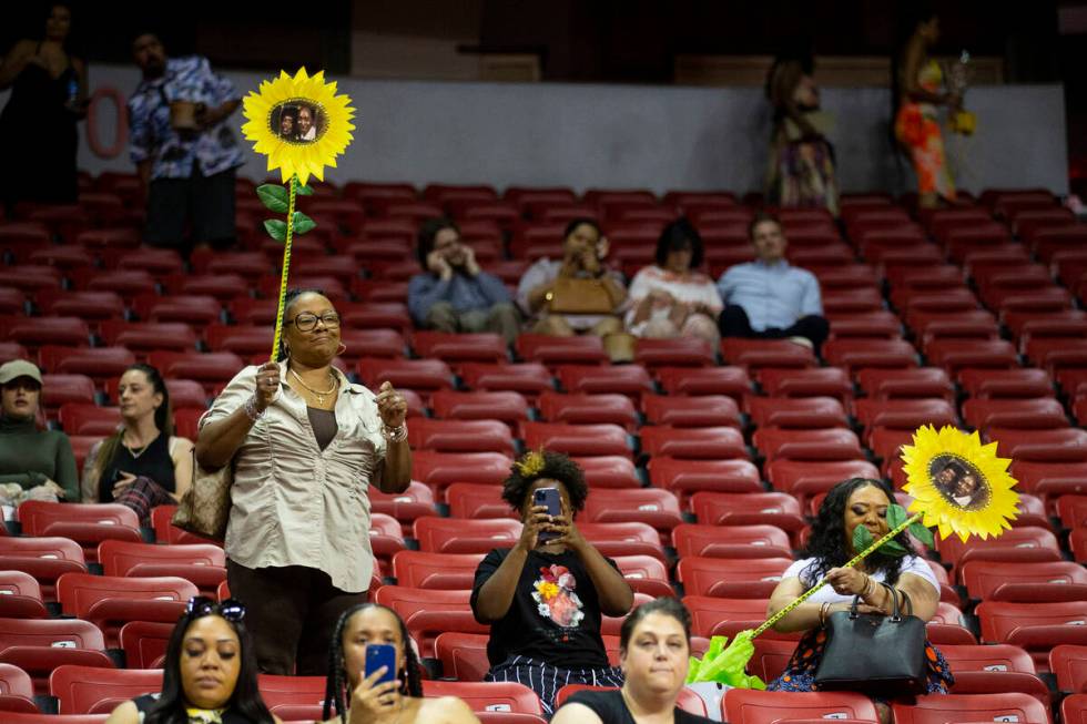 People attend an UNLV commencement ceremony at the Thomas & Mack Center in Las Vegas, Frida ...