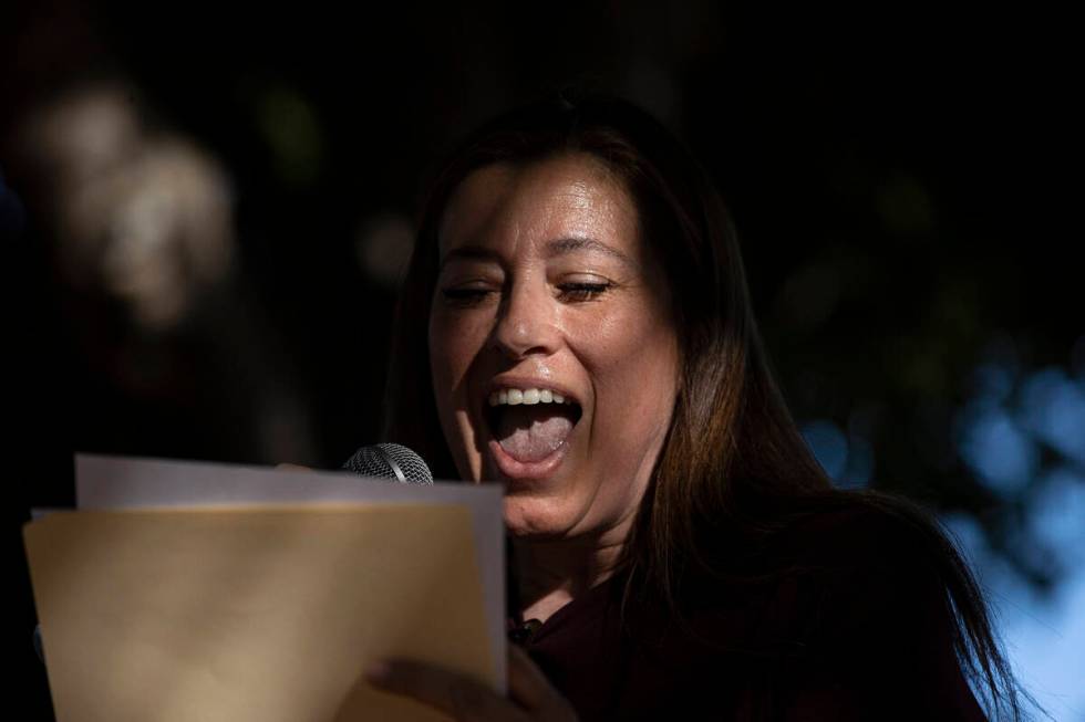 Nevada Lt. Governor Lisa Cano Burkhead speaks during a pro abortion rally organized by Planned ...