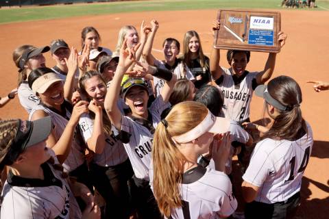 Green Valley players celebrate beating Green Valley in their Class 5A Southern Region softball ...