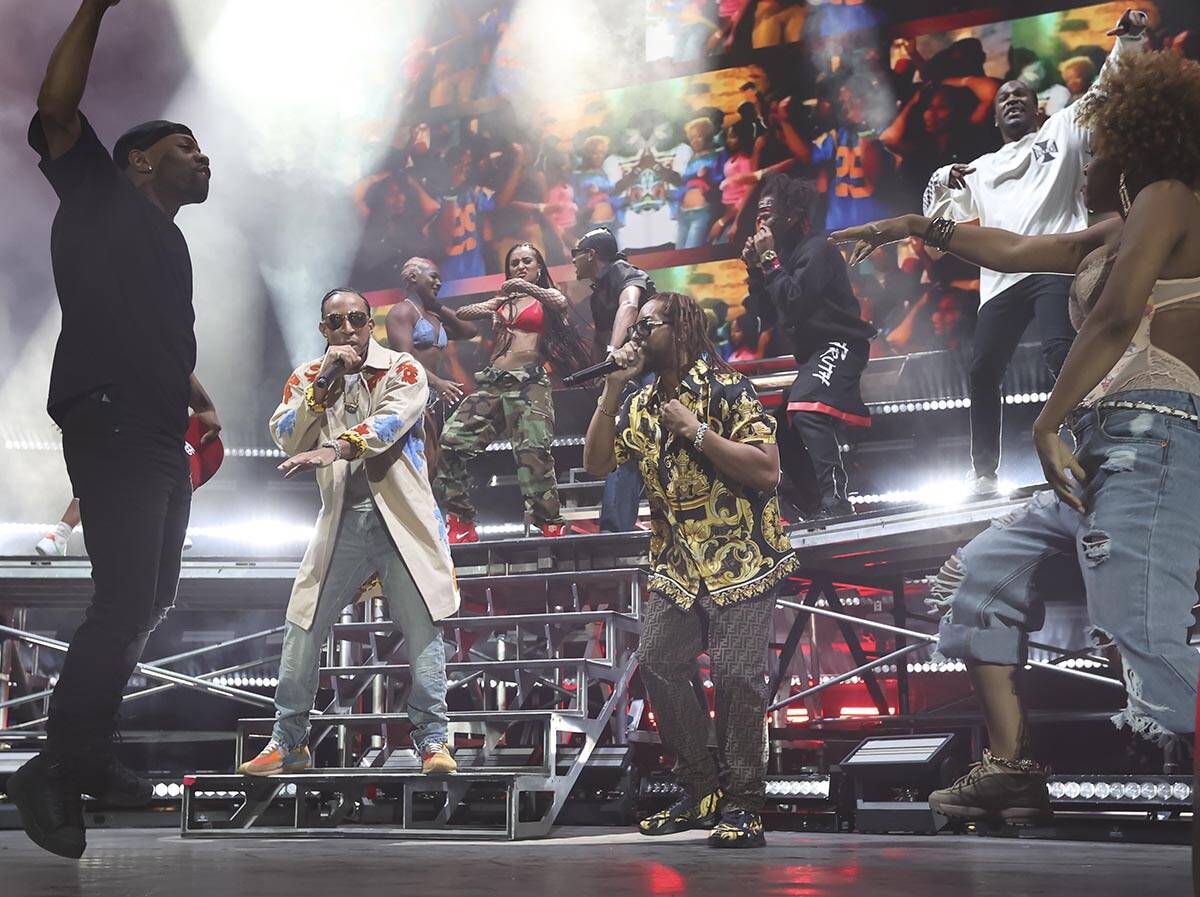 Ludacris, left, and Lil Jon perform during the Lovers & Friends music festival on Saturday, ...