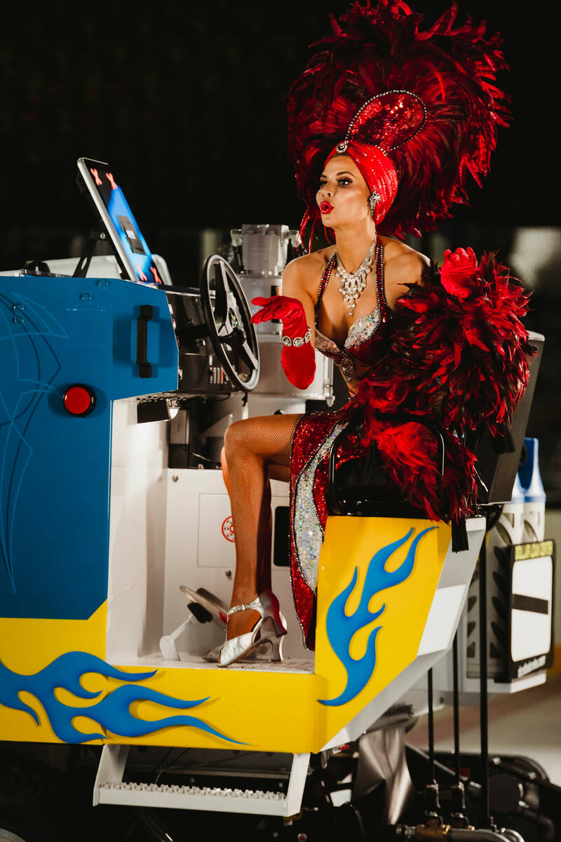 Vegas showgirl Dani Elizabeth is shown on the Zamboni during The Dollar Loan Center's new ad ca ...