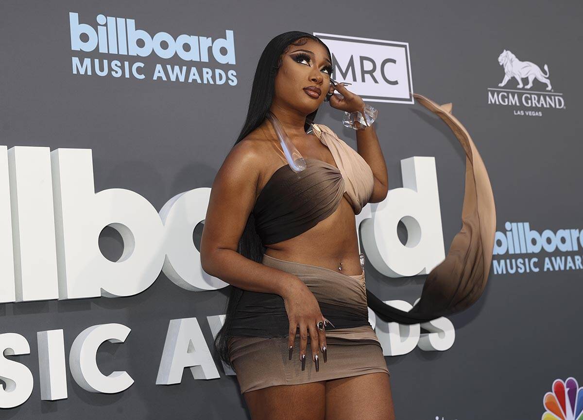Megan Thee Stallion poses on the red carpet for the Billboard Music Awards at the MGM Grand Gar ...