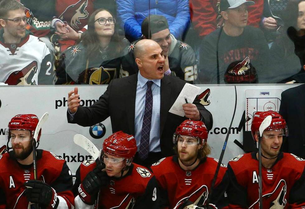 Arizona Coyotes head coach Rick Tocchet argues with a referee during the second period of an NH ...