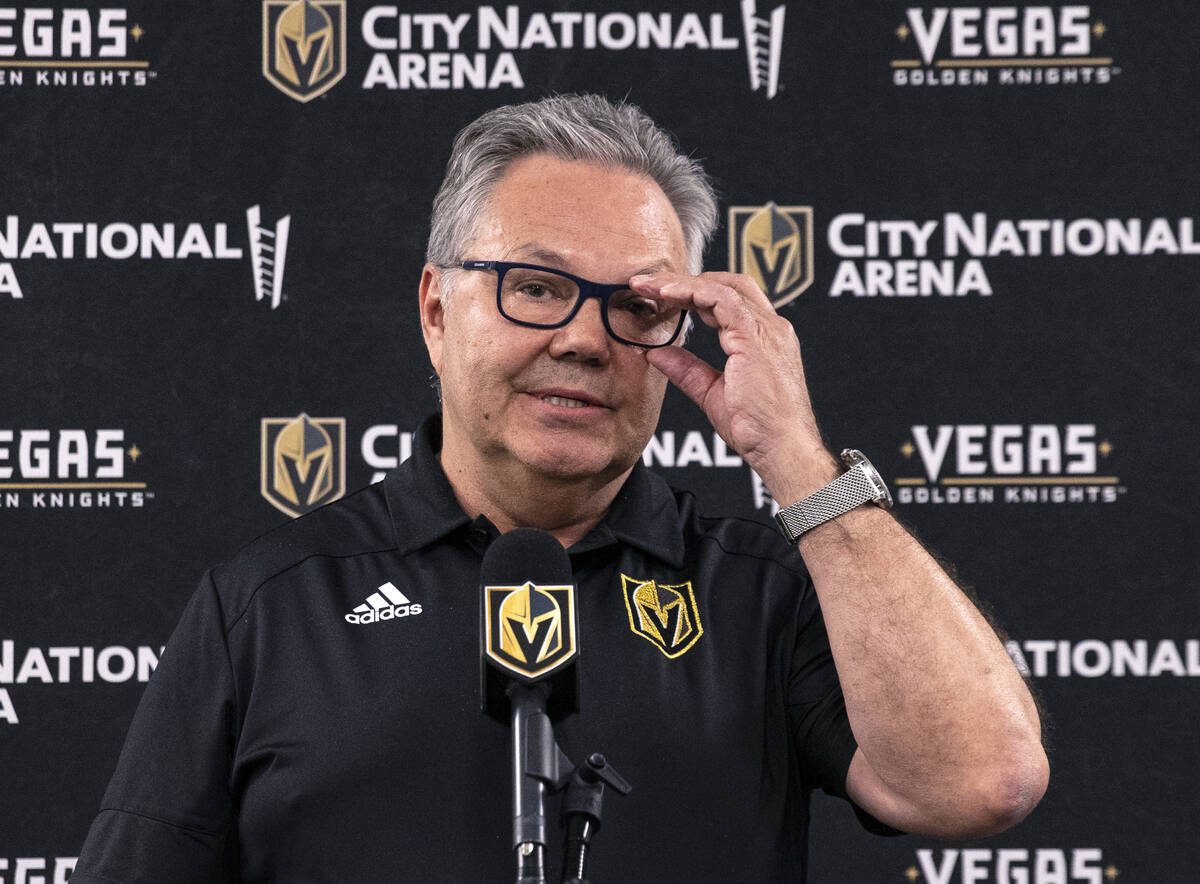 Golden Knights General manager Kelly McCrimmon pauses as he speaks about the firing of head coa ...