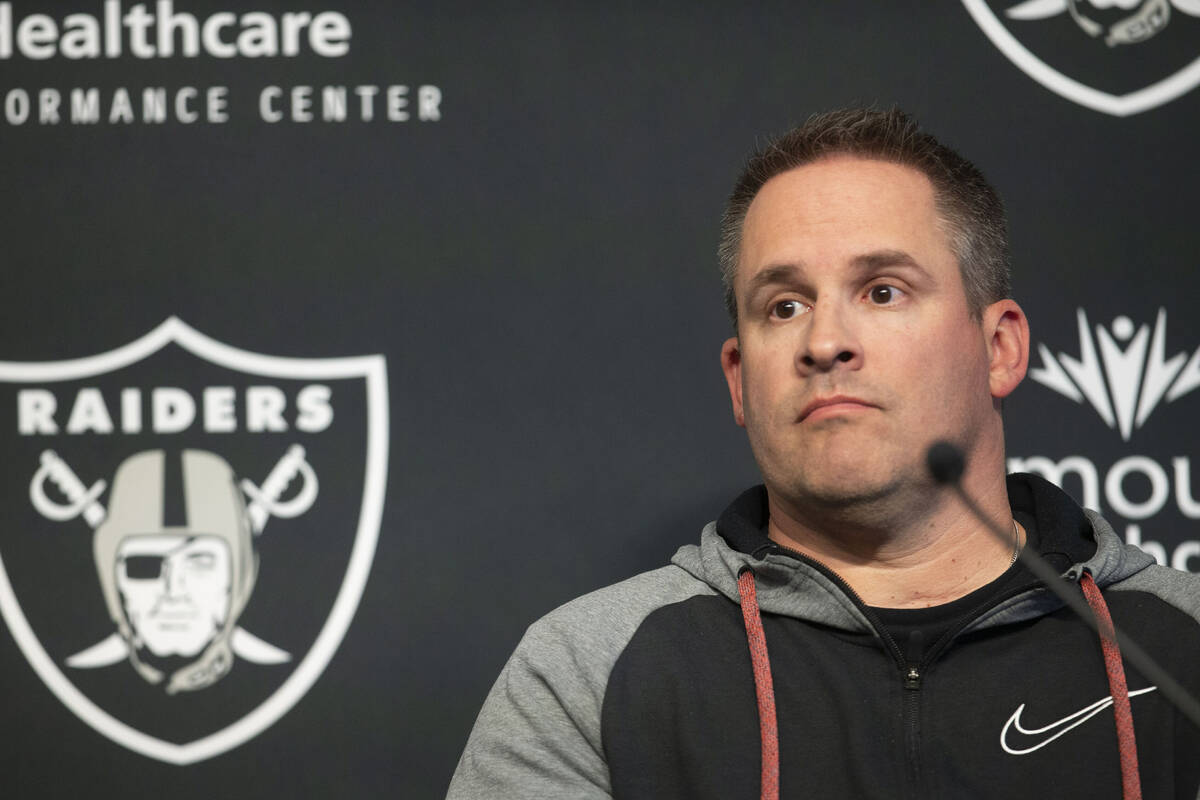 Raiders head coach Josh McDaniels looks on during a news conference following the conclusion of ...