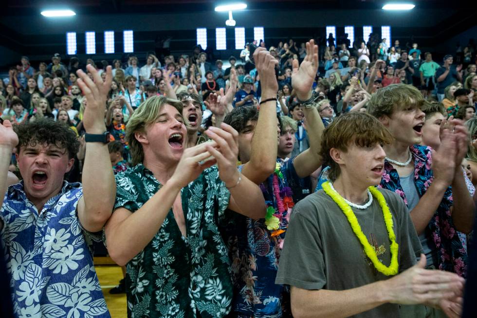 Shadow Ridge fans cheer after their team won the Class 5A boys volleyball state championship ma ...