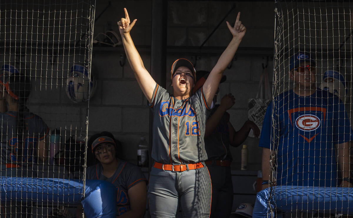 Bishop Gorman’s Jordyn Fray (12) celebrates a big offensive play during a Class 4A state ...
