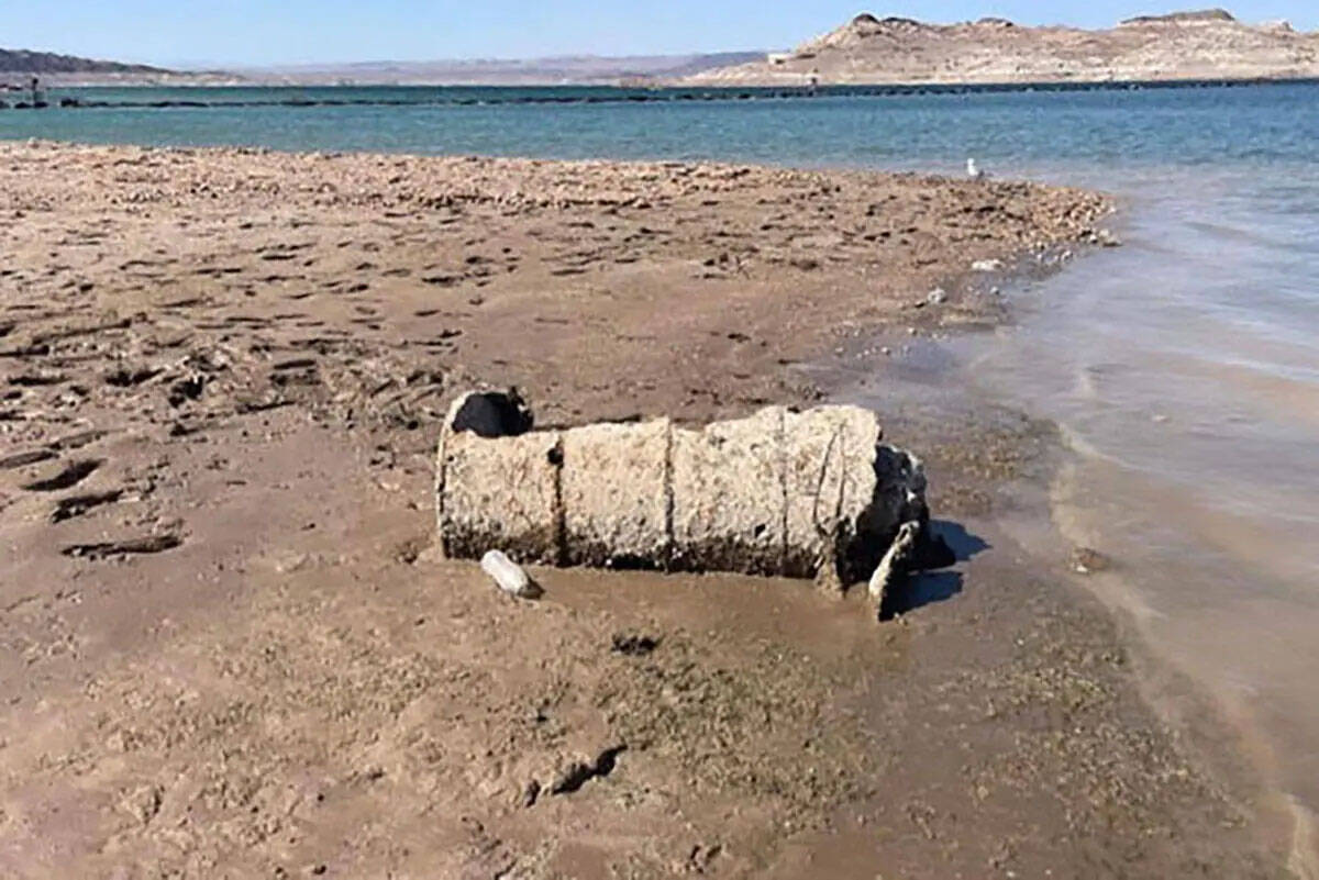 A barrel that contained human remains was found at Lake Mead on Sunday, May 1, 2022. (Shawna Ho ...