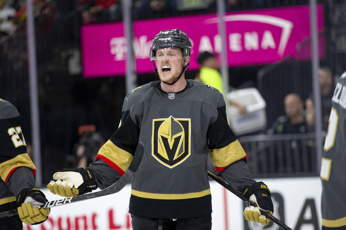Golden Knights center Jack Eichel (9) shouts at a referee during the second period of an NHL ho ...