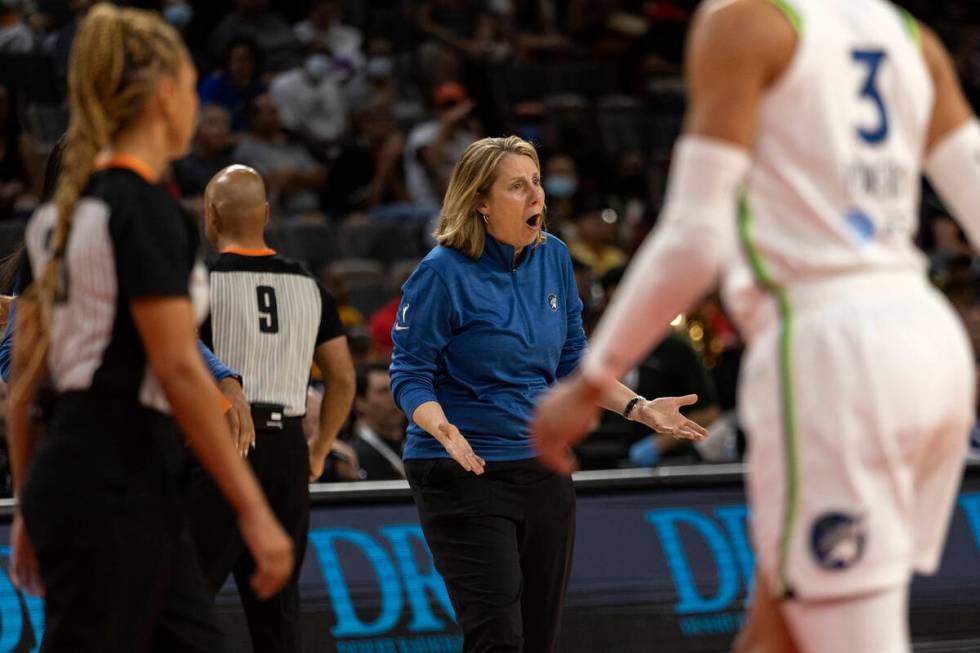 Minnesota Lynx head coach Cheryl Reeve shouts at a referee during the first half of a WNBA bask ...