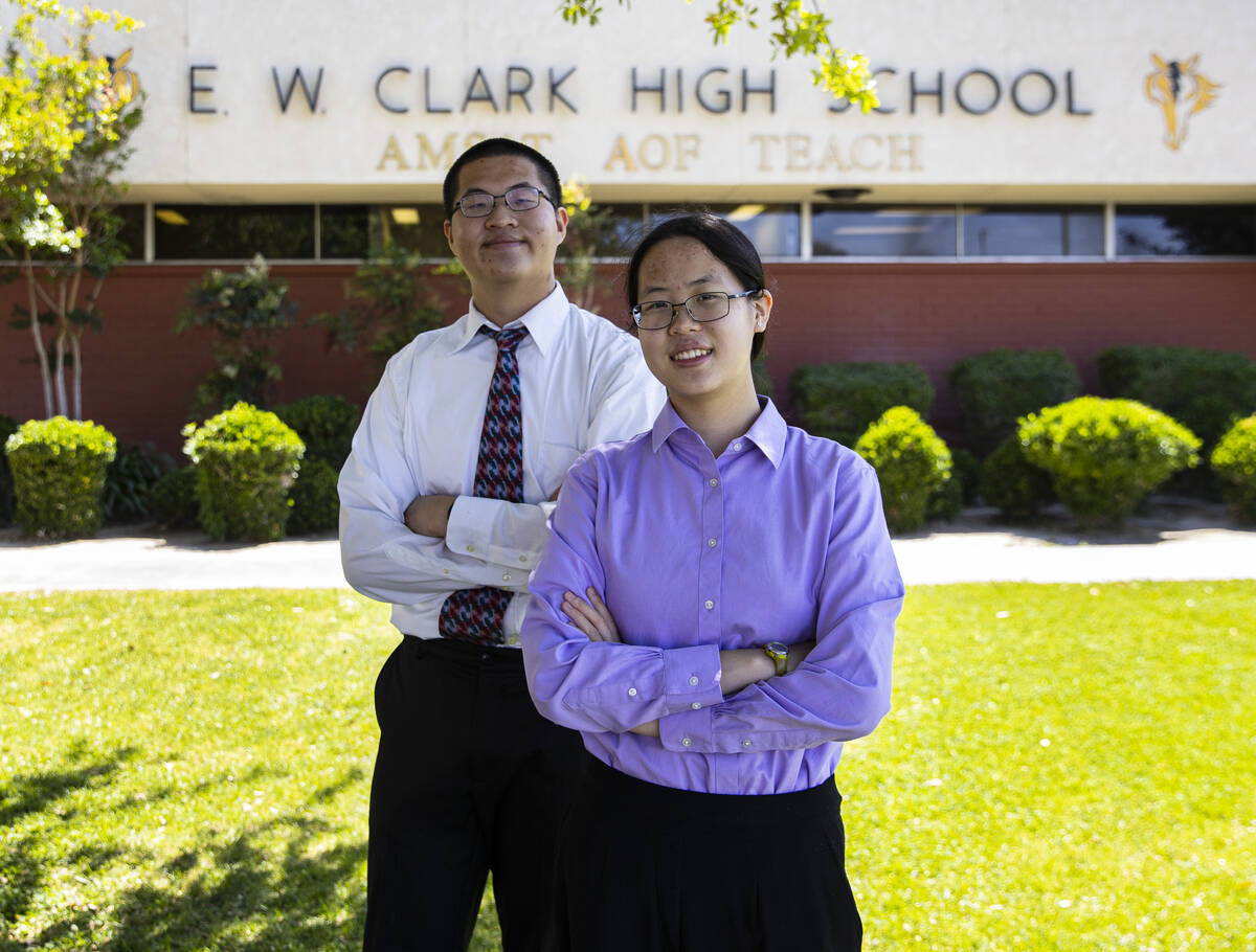 Clark High School students Grace Hwang and her twin brother, Samuel, pose for photo at their sc ...