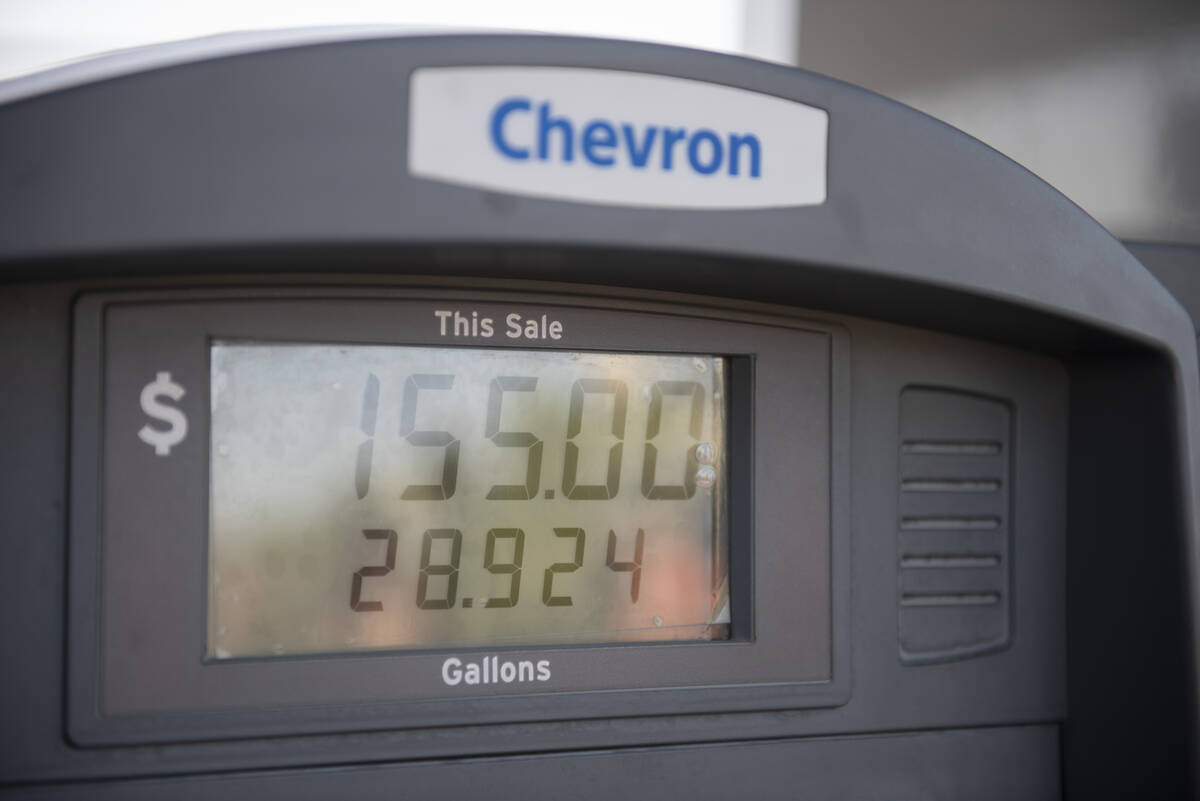 A pump at a Chevron station on Bonanza Road shows a recent transaction for $155 on Thursday, Ma ...