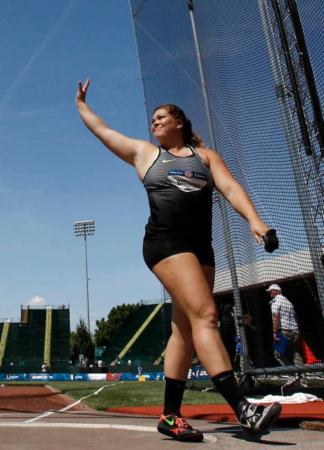Amanda Bingson waves during women's hammer throw final at the U.S. Olympic Track and Field Tria ...