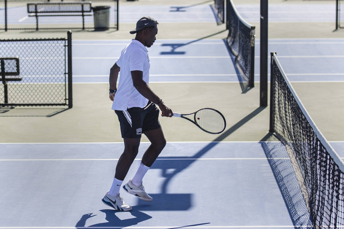 UNLV senior tennis player Christopher Bulus warms up prior to his practice at Frank and Vicki F ...