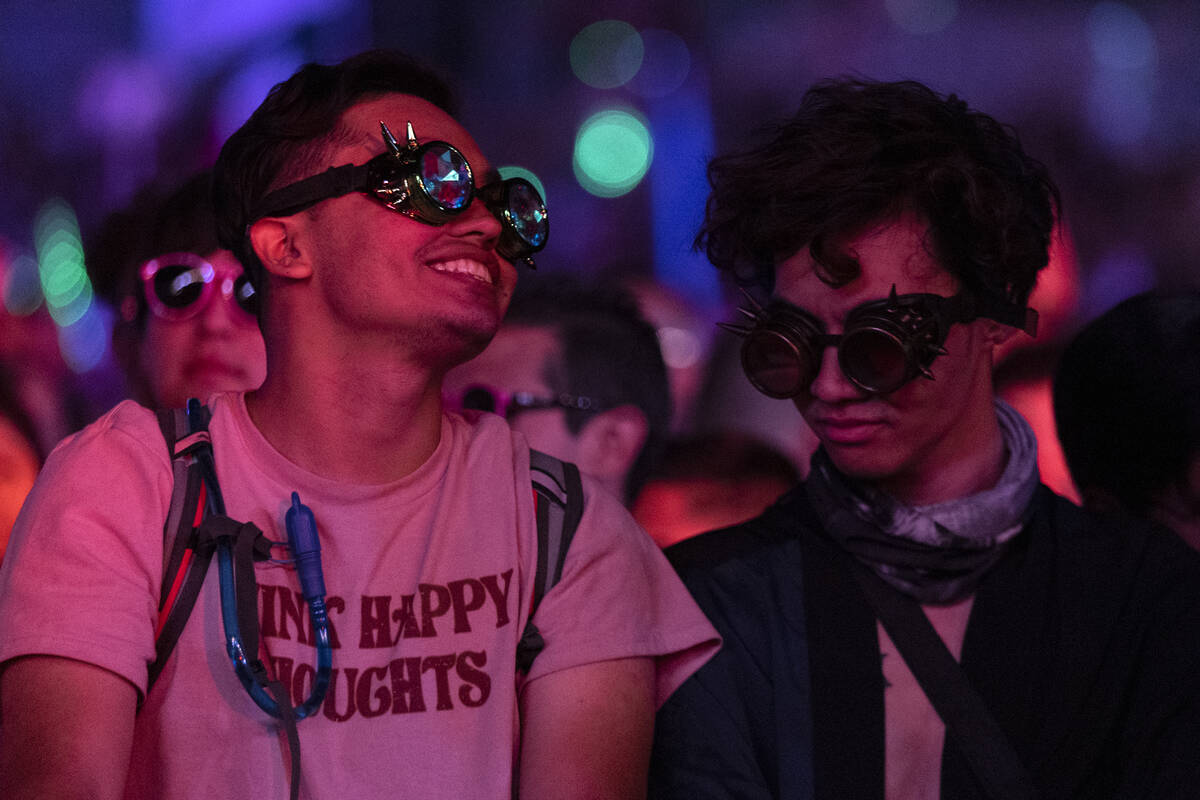 Attendees wear kaleidoscope goggles during the first day of the Electric Daisy Carnival at the ...