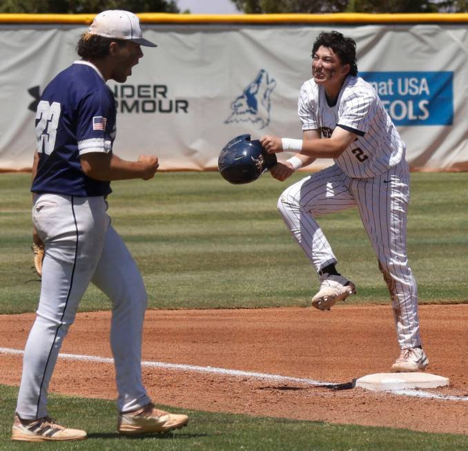 Legacy's Oscar Pena (2) reacts after being tagged out at the third base as Shadow Ridge's Jorda ...