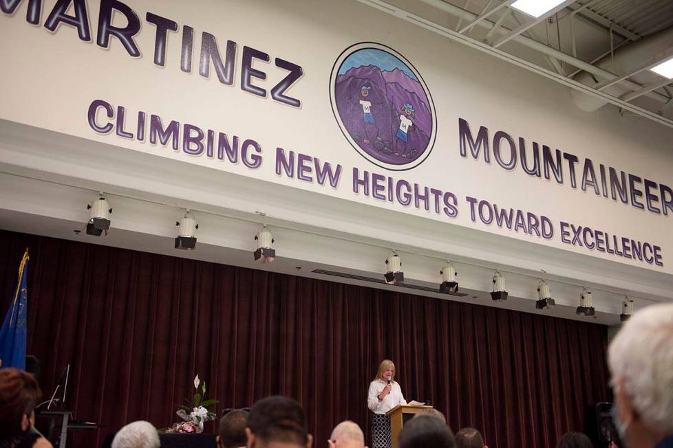 Diane Martinez, wife of the late Reynaldo Martinez, speaks at a tribute to her husband at Reyna ...