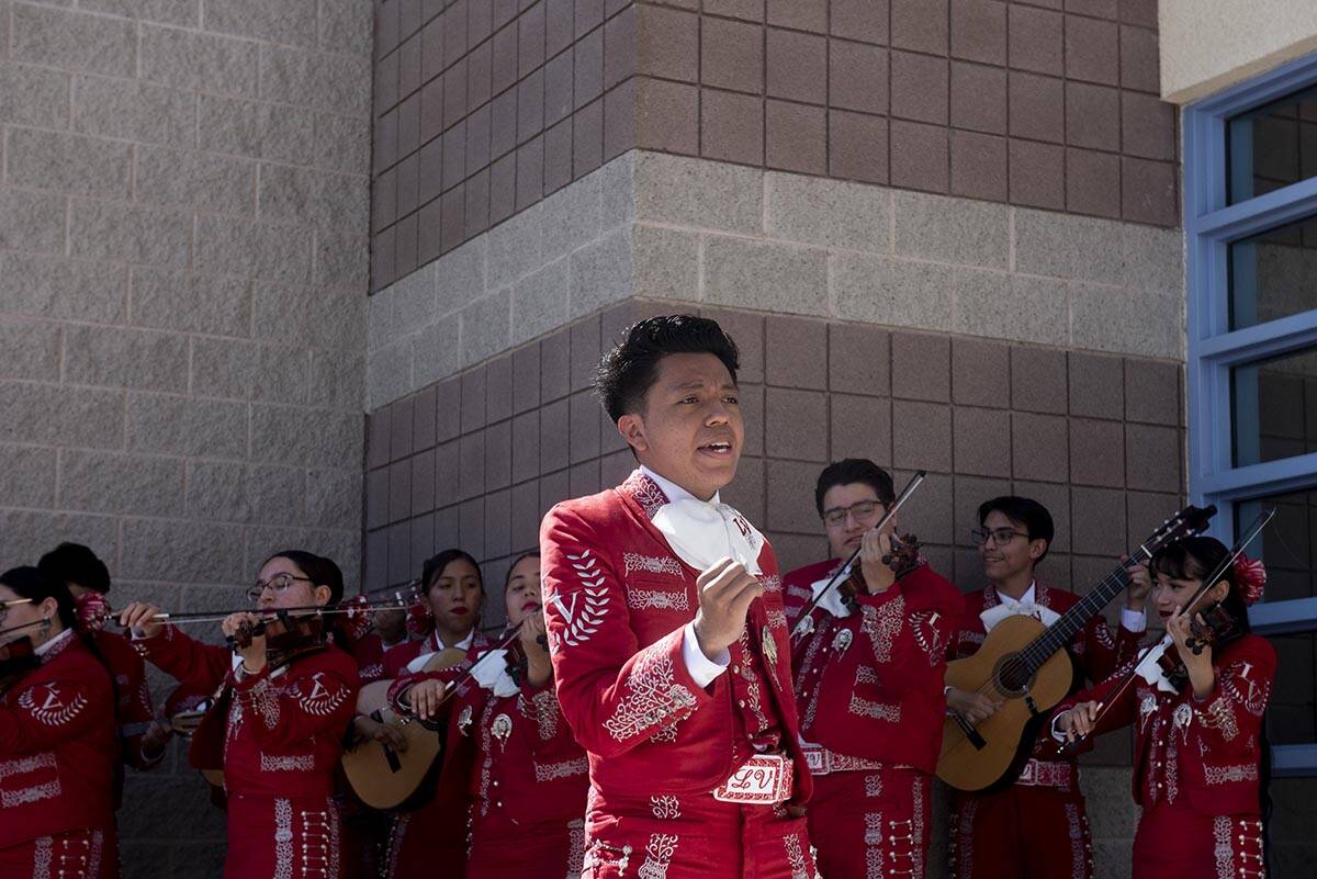 Hector Aguilar sings during a performance by Mariachi Joya de Las Vegas High School at Reynaldo ...