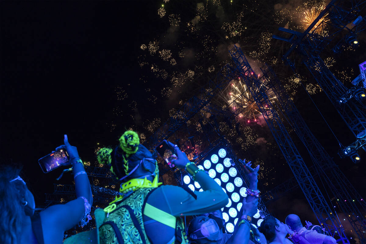 The fireworks show erupts as KX5 plays its set during the second day of the Electric Daisy Carn ...