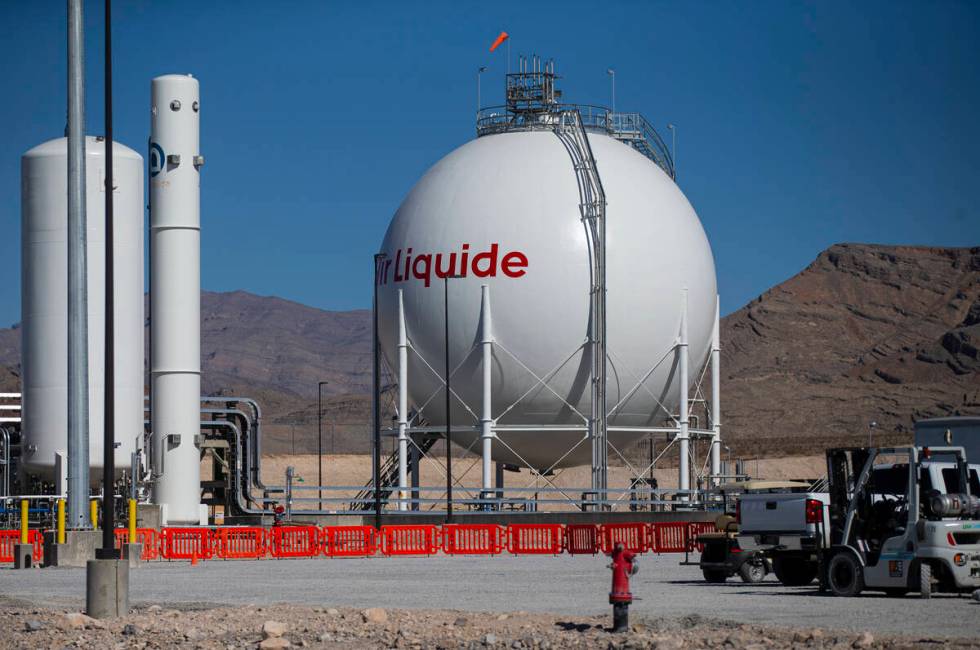 during a tour of the Air Liquide liquid hydrogen facility on Tuesday, May 24, 2022, in North La ...
