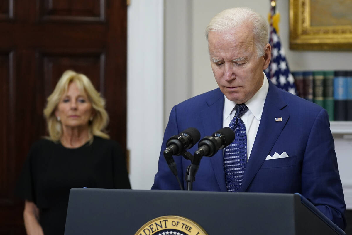 President Joe Biden pauses as he speaks about the mass shooting at Robb Elementary School in Uv ...